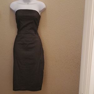 Dark Gray Strapless Ruched Bodycon Midi Dress Size L Sleek Fitted